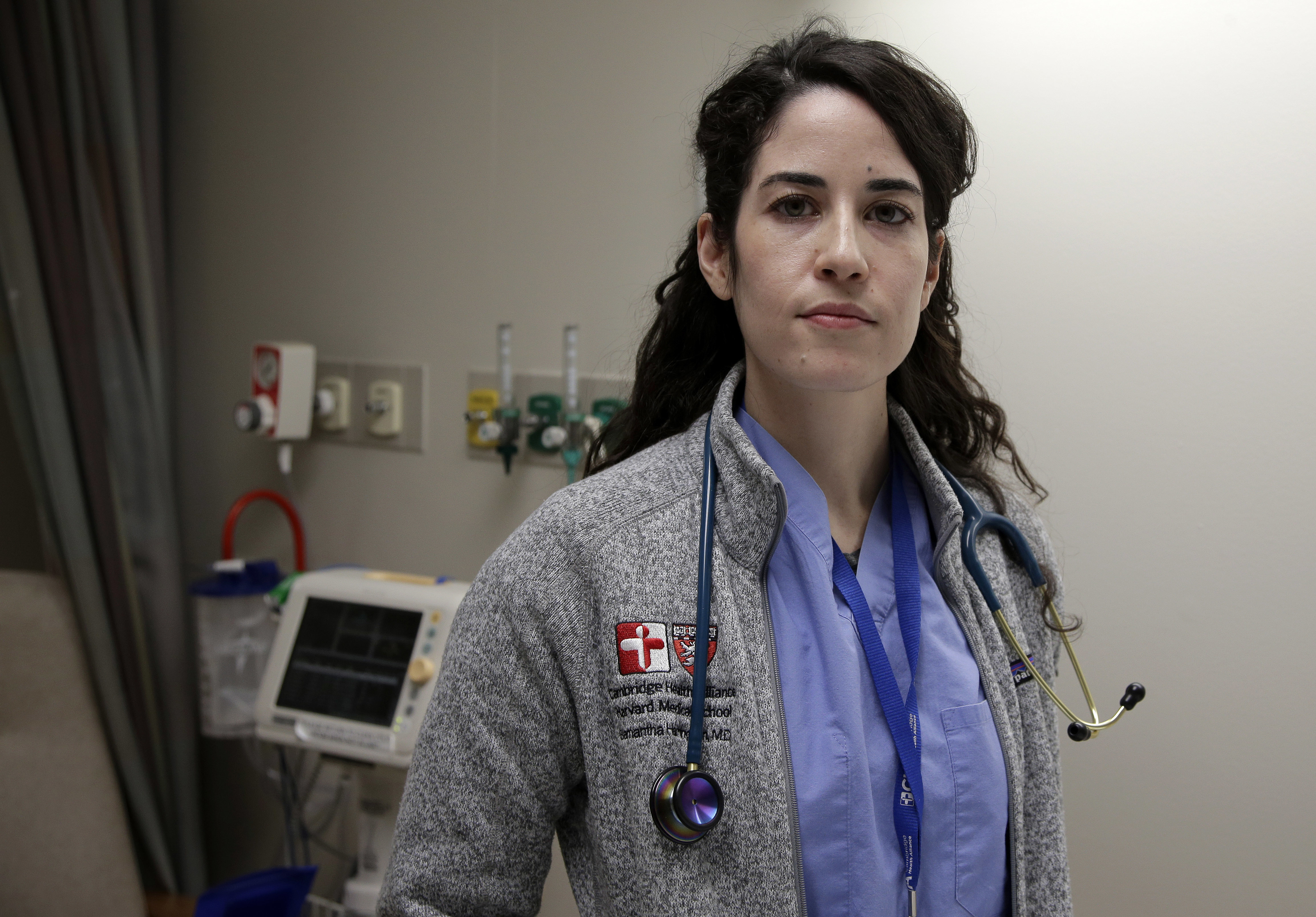 Cambridge Hospital first-year resident Samantha Harrington stands for a photograph at the hospital in Cambridge, Mass., on Feb. 27, 2017. (AP Photo/Steven Senne)