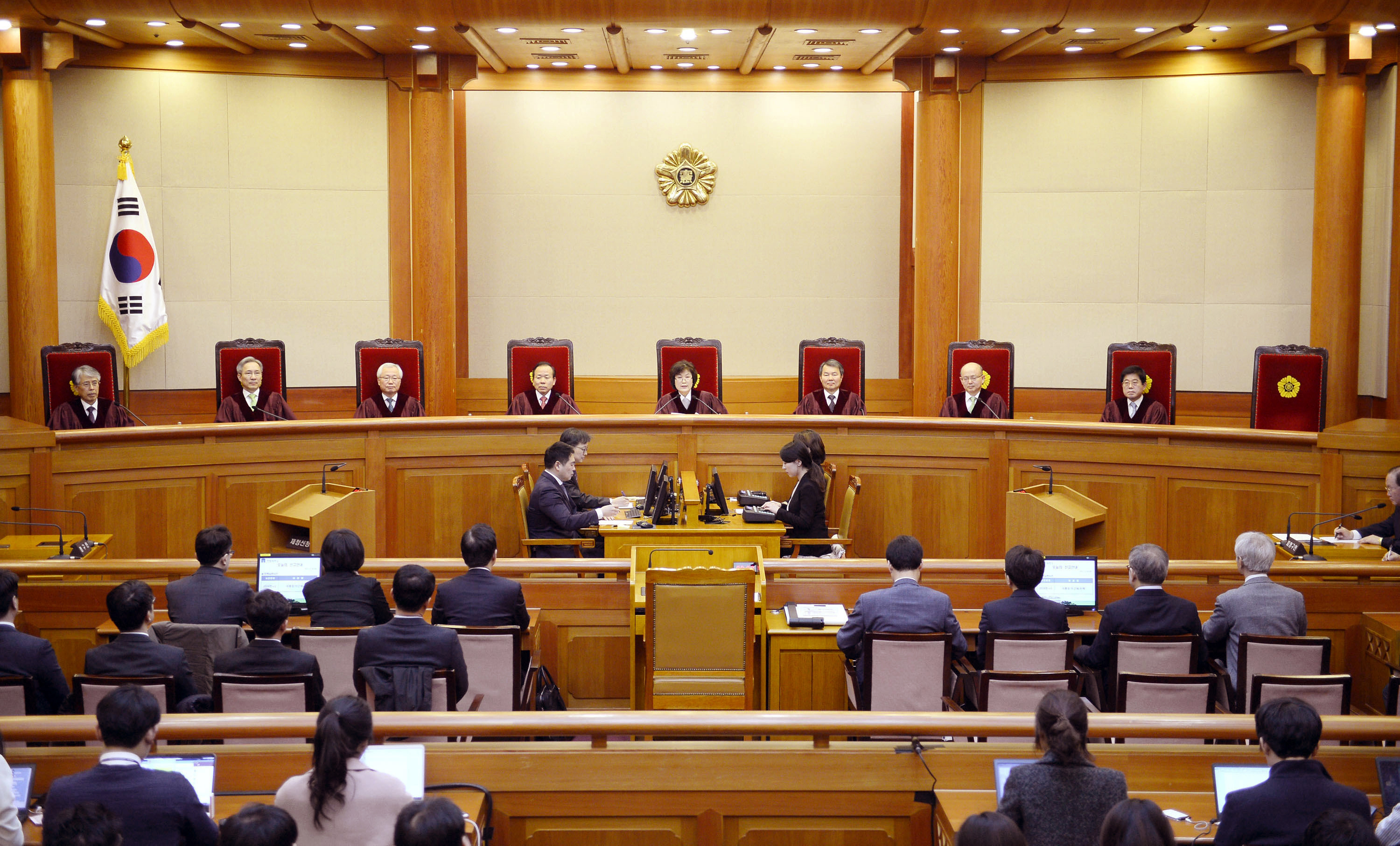 Judges are seated at the start of the ruling of impeached South Korean President Park Geun-hye at South Korea's Constitutional Court in Seoul on March 10, 2017. (Pool Photo via AP)