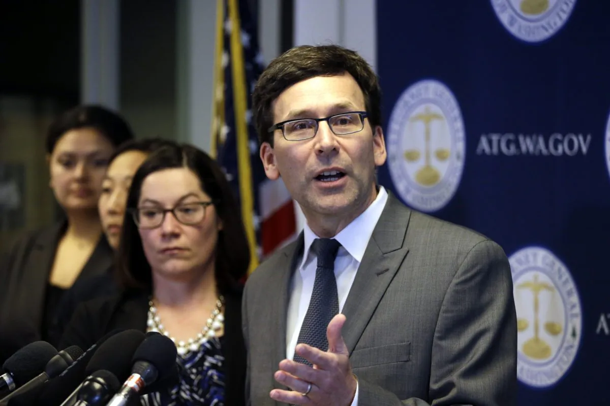 Washington State Attorney General Bob Ferguson speaks at a news conference about the state's response to President Donald Trump's revised travel ban in Seattle on March 9, 2017. (AP Photo/Elaine Thompson)