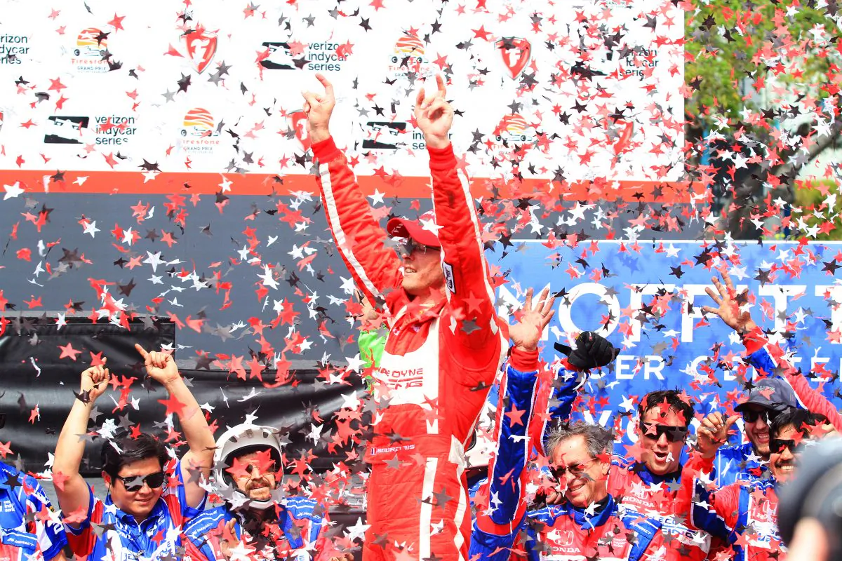 Sebastien Bourdais celebrates after winning the IndyCar Firestone Grand Prix of St. Petersburg, March 12, 2017. (Chris Jasurek/Epoch Times)