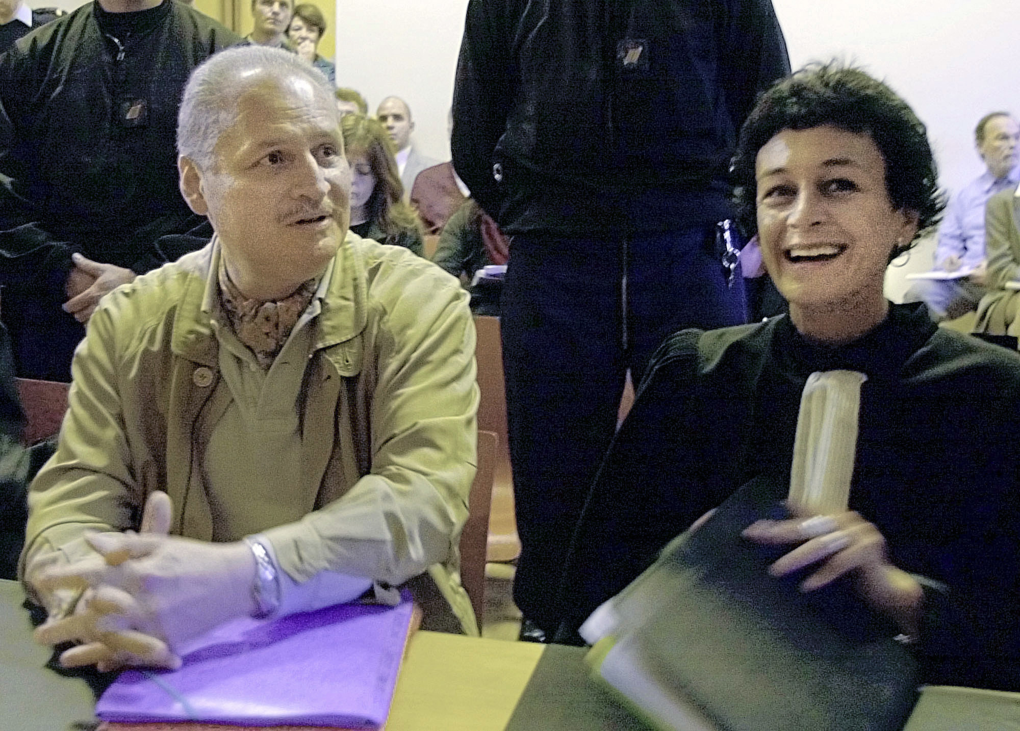 Venezuelan international terrorist Carlos the Jackal whose real name is Ilich Ramirez Sanchez (L) sits with his French lawyer Isabelle Coutant-Peyre in a Paris courtroom on Nov. 28, 2000. (AP Photo/Michel Lipchitz)