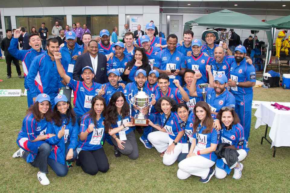 Kowloon Cantons celebrate winning the T20Bliz cricket in Hong Kong on Sunday March 12, 2017. (Dan Marchant)