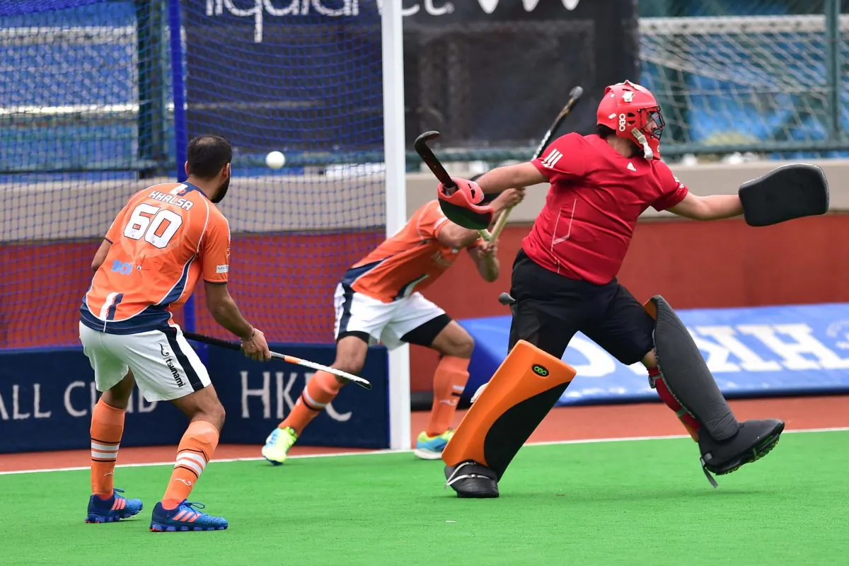 HKFC-A score the winning goal against Khalsa-A at HKFC on Sunday March 12, 2017 to win 3-2. (Bill Cox/Epoch Times)