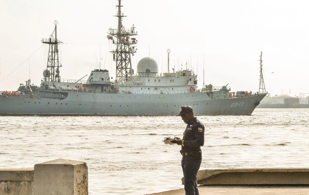 Russian Vishnya (also known as Meridian) class warship CCB-175 Viktor Leonov arrives at Havana's harbor on Feb. 27, 2014. The Vishnya class ships are used for gathering intelligence. (Adalberto  Roque/AFP/Getty Images)