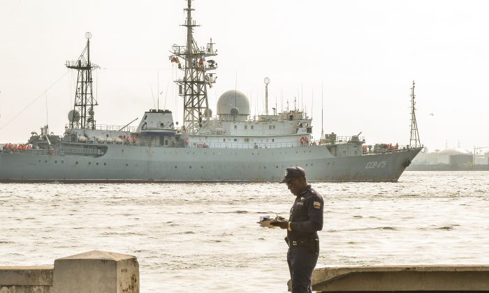 Russian Vishnya (also known as Meridian) class warship CCB-175 Viktor Leonov arrives at Havana's harbor on Feb. 27, 2014. The Vishnya class ships are used for gathering intelligence. (Adalberto  Roque/AFP/Getty Images)