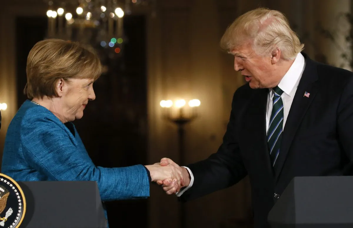 President Donald Trump and German Chancellor Angela Merkel shake hands at the conclusion of their joint news conference in the East Room of the White House in Washington, on March 17, 2017. Europe needs a friendly relationship with the United States. (Reuters/Jim Bourg)
