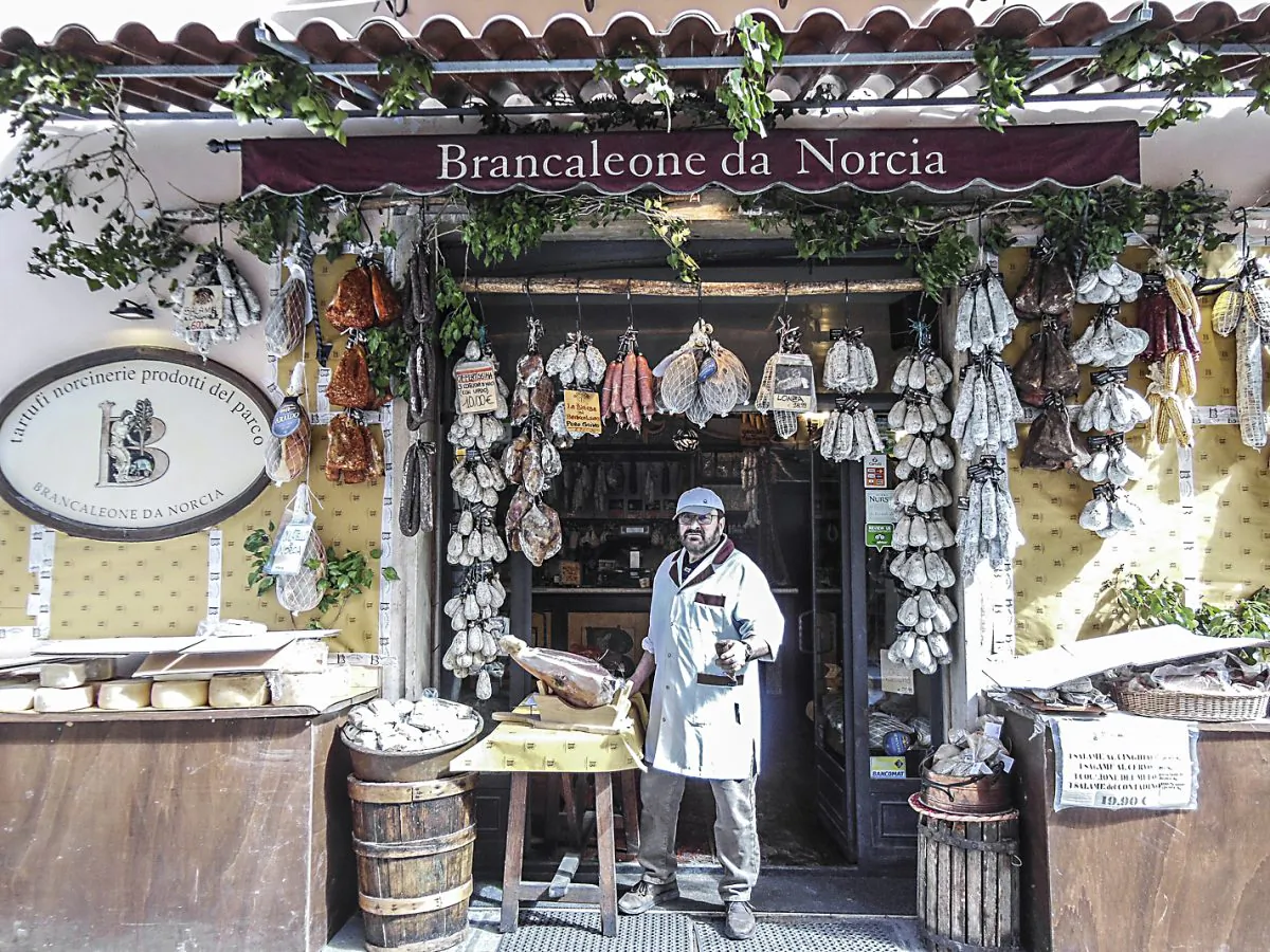 Butcher shop Brancaleone da Norcia is one of the few to reopen after the quake devastated local businesses. (Angela Giuffrida)