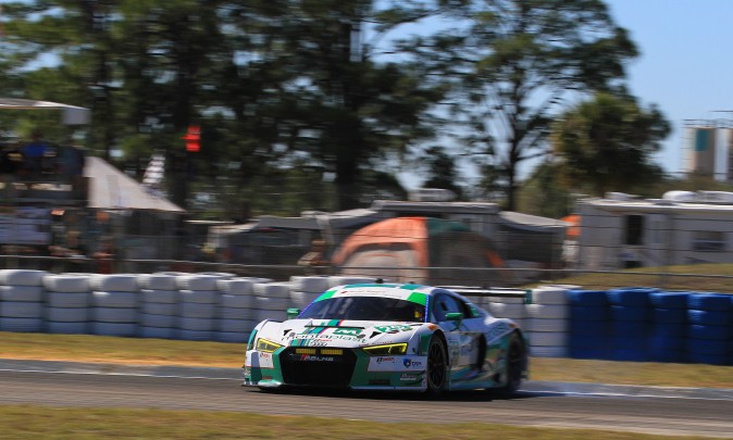 Christian Mies in the #29 Montaplast Audi was third-quickest in GTD despite this half-spin exiting Turn Five. (Chris Jasurek/Epoch Times)