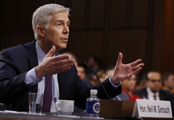 U.S. Supreme Court nominee judge Neil Gorsuch testifies during the second day of his Senate Judiciary Committee confirmation hearing on Capitol Hill in Washington March 21, 2017.