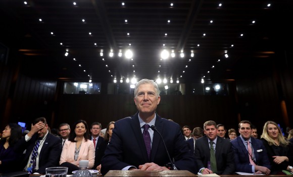 Judge Neil Gorsuch prepares to testify during the second day of his Supreme Court confirmation hearing before the Senate Judiciary Committee in the Hart Senate Office Building on Capitol Hill in Washington on March 20, 2017. Gorsuch was nominated by President Donald Trump to fill the vacancy left on the court by the Feb. 2016 death of Associate Justice Antonin Scalia. (Chip Somodevilla/Getty Images)