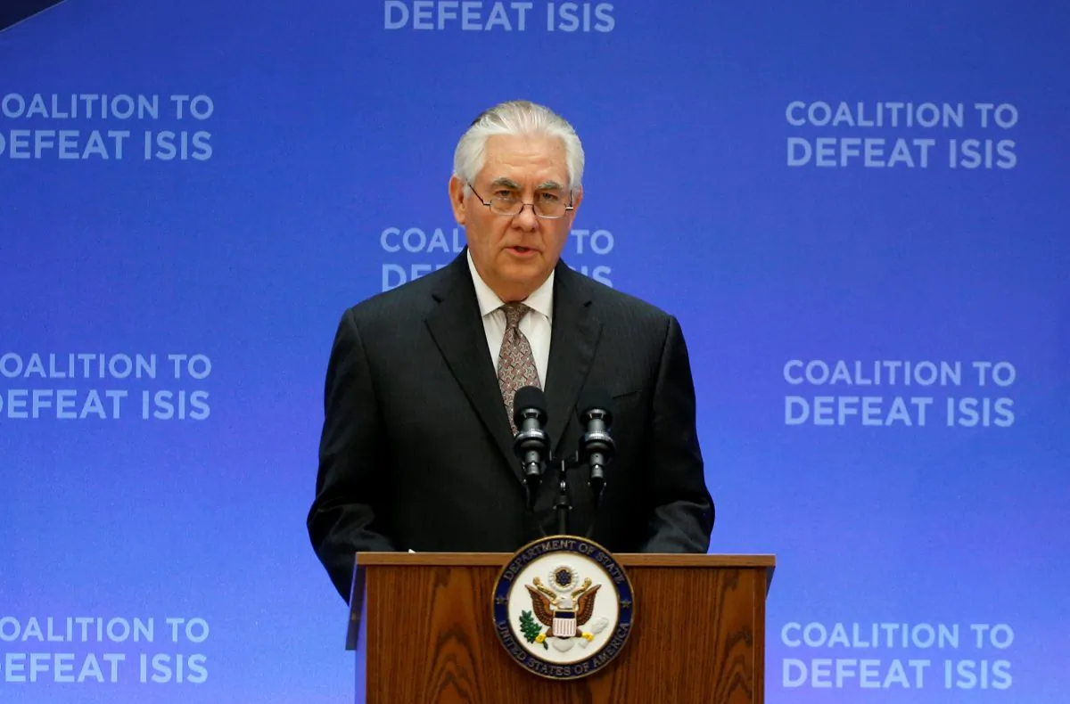 U.S. Secretary of State Rex Tillerson delivers remarks at the morning ministerial plenary for the Global Coalition working to Defeat ISIS at the State Department in Washington, U.S. on March 22, 2017. (REUTERS/Joshua Roberts)