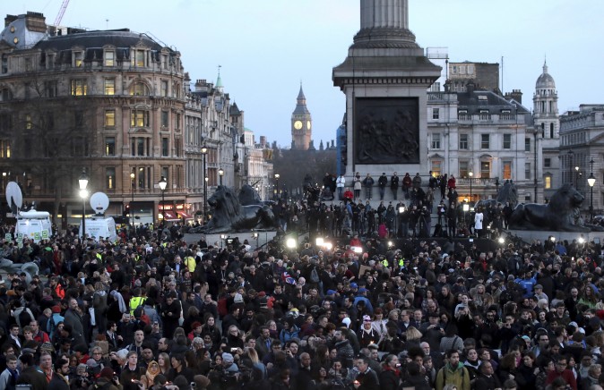 People gather during a candlelit vigil at Trafalgar Square in London on March 23, 2017, after four people were killed in Westminster the day before in a terrorist attack by 'lone wolf' killer Khalid Masood. (Jack Taylor/Getty Images)