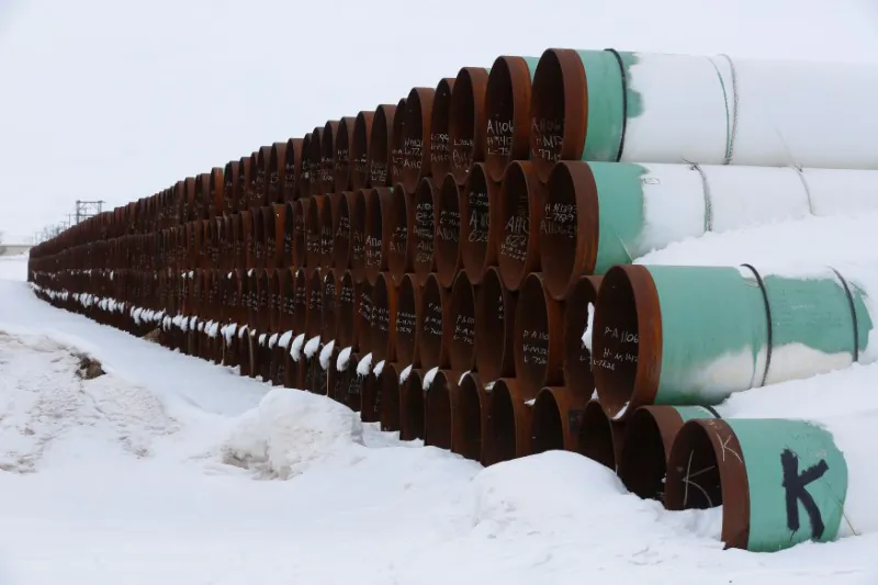 A depot used to store pipes for Transcanada Corp's planned Keystone XL oil pipeline is seen in Gascoyne, North Dakota on Jan. 25, 2017.(Terray Sylvester/Reuters)