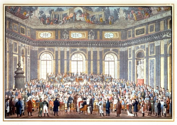 Color print, from 1909, of a watercolor on the lid of a stationery box made by Balthazar Wigand and presented to the composer Joseph Haydn. It commemorates Haydn's attendance, in extreme old age, of a performance of his oratorio The Creation. (The composer can be seen seated in the lower center of the image, wearing wig and hat.) The original of this picture was lost in 1945. (public domain)