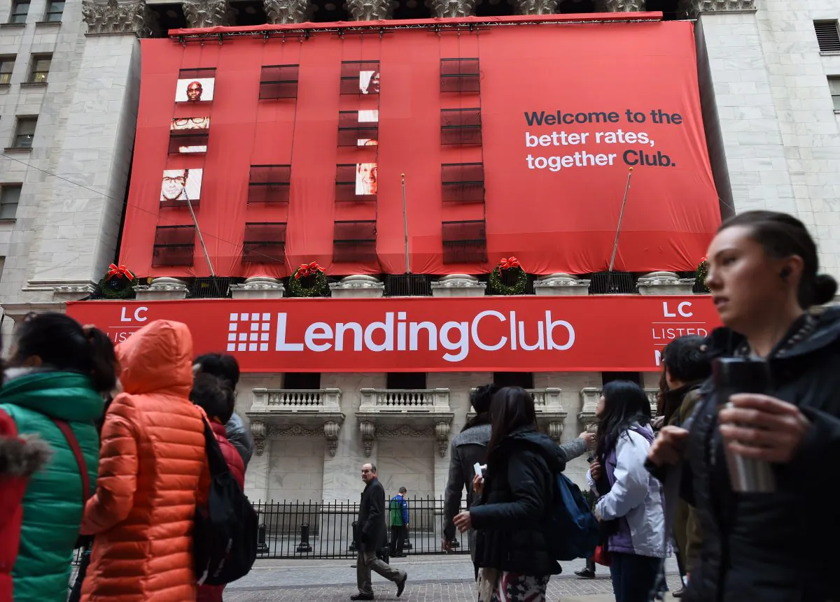 LendingClub banners hang on the facade of the New York Stock Exchange for it's IPO on Dec. 11, 2014. (Don Emmert/AFP/Getty Images)