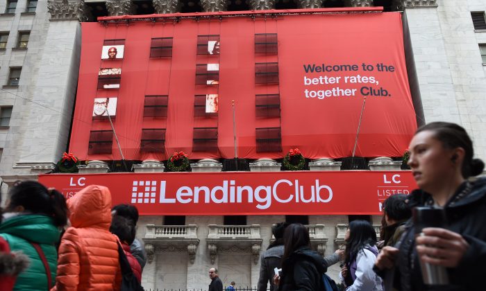 LendingClub banners hang on the facade of the New York Stock Exchange for it's IPO on Dec. 11, 2014. (Don Emmert/AFP/Getty Images)