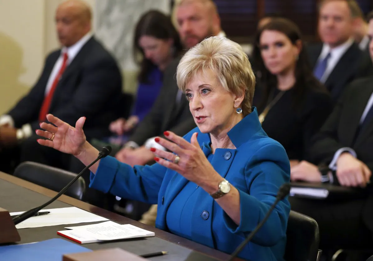 Linda McMahon testifies on Capitol Hill in Washington, at her confirmation hearing to be the next leader of the Small Business Administration,  Jan. 24, 2017. A recent study by the New American Economy highlighted the importance of immigrants as business creators. (AP Photo/Alex Brandon, File)