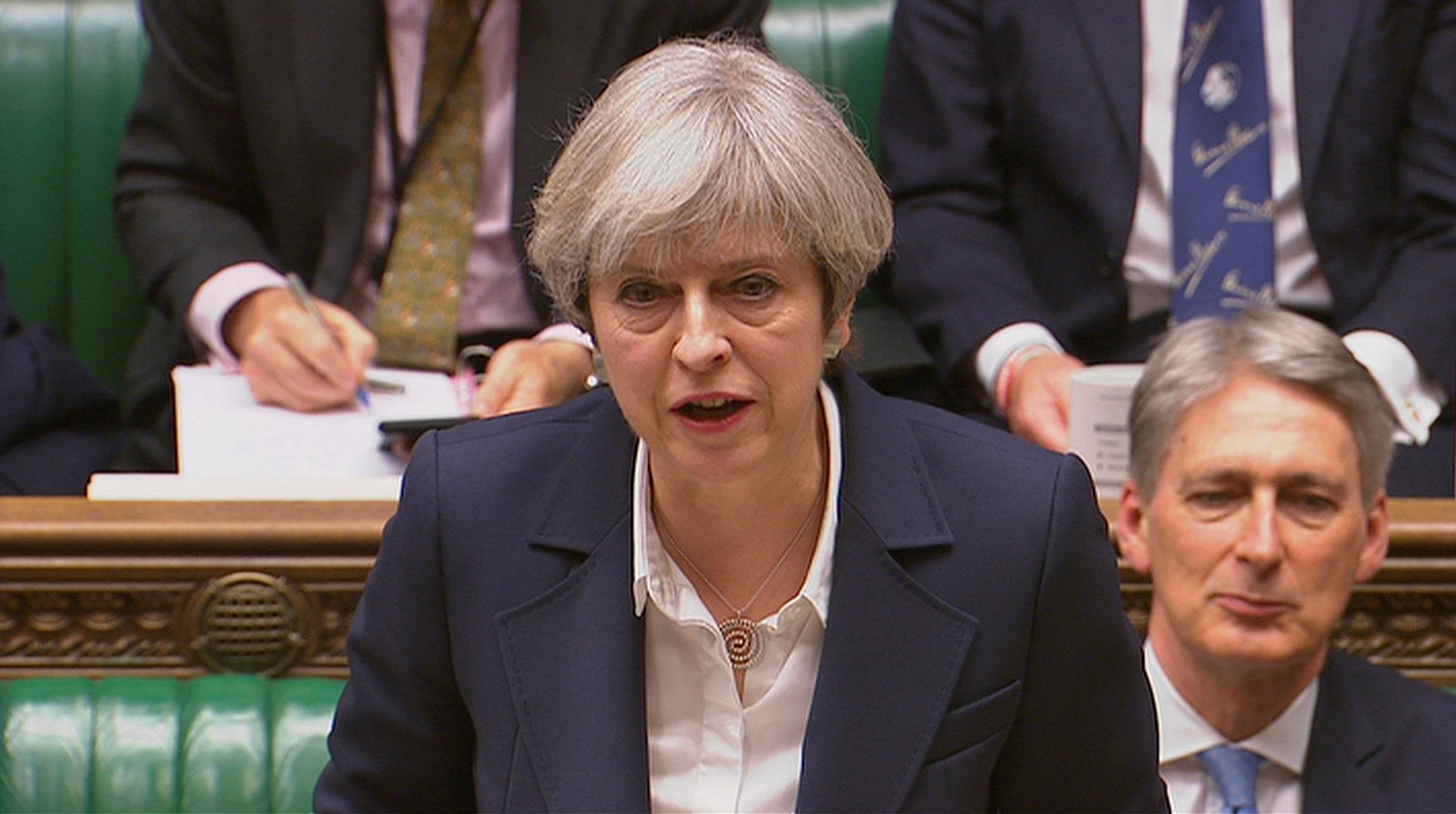 Britain's Prime Minister Theresa May speaks in Parliament as she announces that she has sent the letter to trigger the process of leaving the European Union in London on March 29, 2017. (Parliament TV handout via REUTERS)