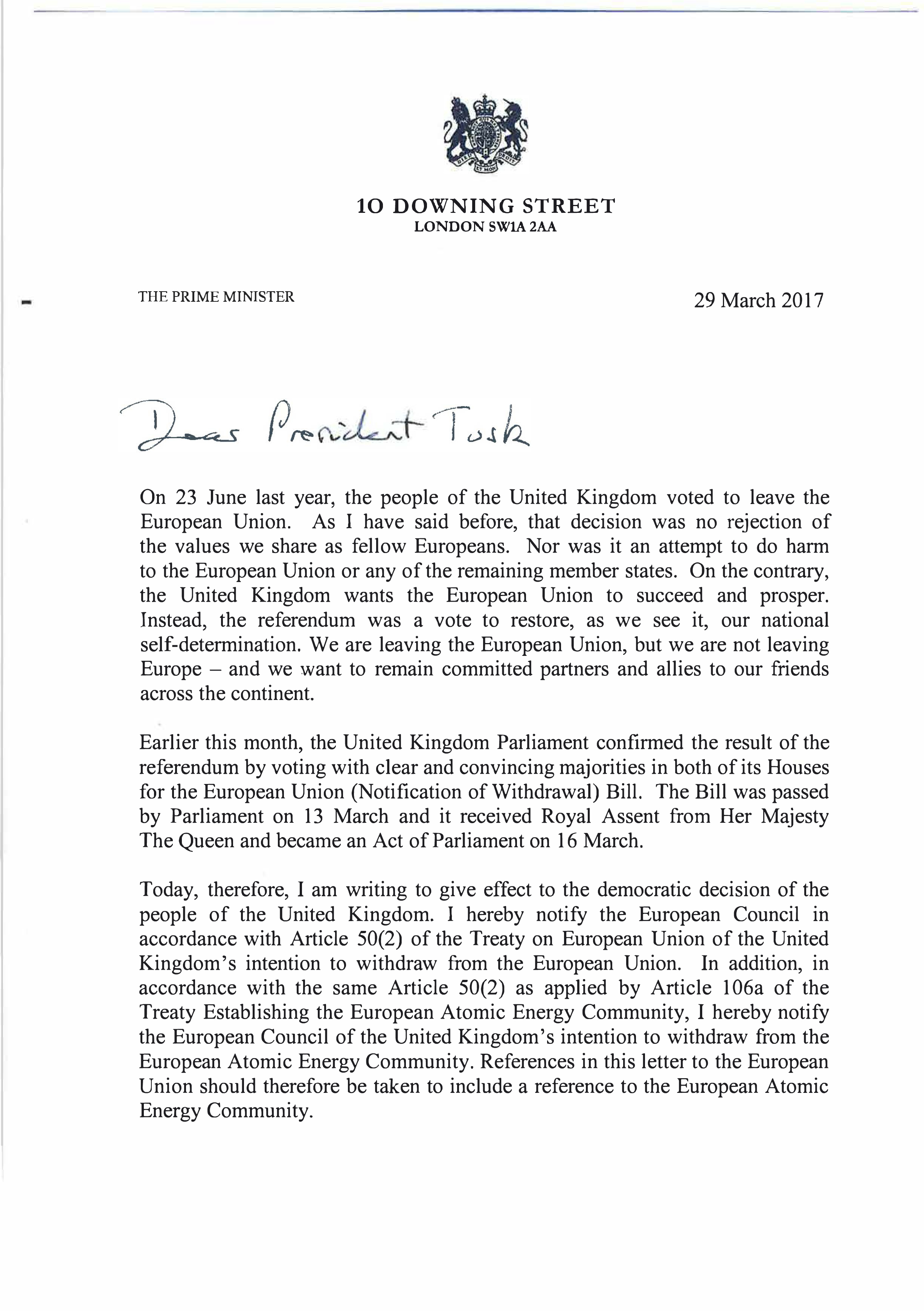This is the text of the letter that Britain's Prime Minister Theresa May sent to EU Council President Donald Tusk, triggering Article 50 of the Lisbon Treaty on March 29, 2017. (10 Downing Street/ via AP)