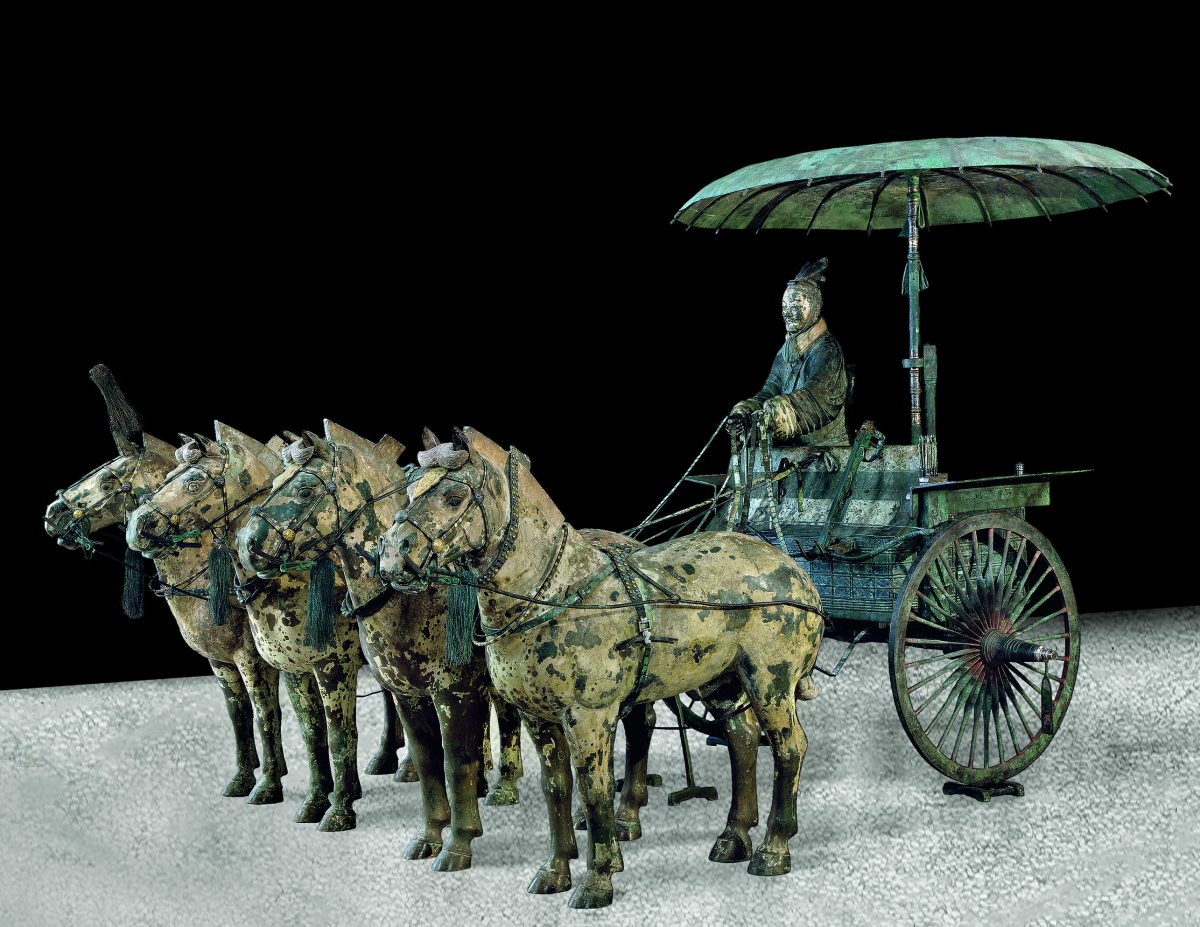 Chariot Model (Modern Replica) China, original: Qin dynasty (221–206 B.C.),
bronze with pigments
chariot box, including axles: width 53 1/2 inches, depth 25 inches, weight 220.5 pounds; canopy: height 4 inches, diameter 49 1/2 inches; weight 66 pounds; each horse: height 36 1/2 inches, weight 13 1/2 inches, length 46 1/2 inches, Emperor Qinshihuang's Mausoleum Site Museum. (Courtesy of the Metropolitan Museum of Art)