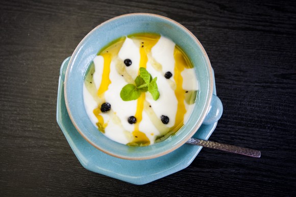 Tofu dessert with fruit syrups at the Toyoukeya tofu shop. (Annie Wu/Epoch Times)