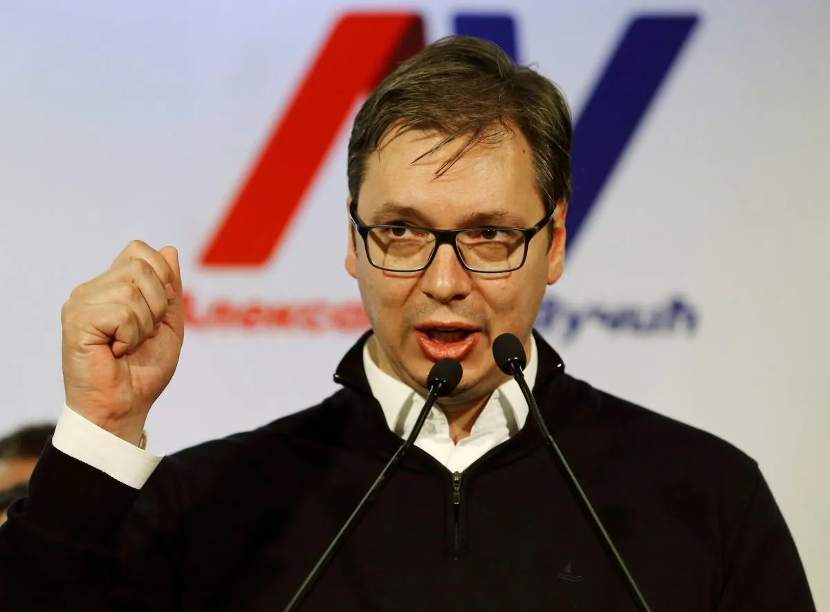 Serbian Prime Minister and presidential candidate Aleksandar Vucic speaks after his win in presidential election at his headquarters in Belgrade, Serbia, on April 2, 2017. (Antonio Bronic/Reuters)