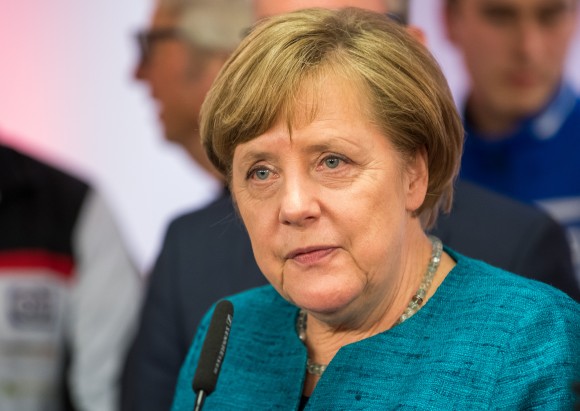 German Chancellor Angela Merkel gives an interview after a meeting with members of the 1. FC Koeln Foundation and members of the initiative 'Wir zusammen' ('We together') prior to the Bundesliga match between 1. FC Koeln and Eintracht Frankfurt at RheinEnergieStadion on April 4, 2017 in Cologne, Germany. (Lukas Schulze/Bongarts/Getty Images)