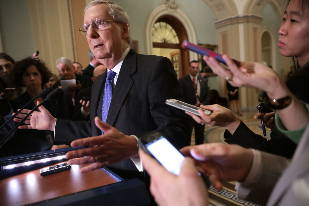 Senate Majority Leader Mitch McConnell (R-KY) during a news conference following the weekly Republican policy luncheon at the U.S. Capitol in Washington on April 4, 2017. (Chip Somodevilla/Getty Images))