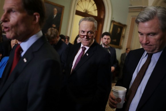 Senate Minority Leader Charles Schumer (D-NY) (C) holds a news conference with Sen. Richard Blumenthal (D-CT) (L) and Sen. Sheldon Whitehouse (D-RI) following the weekly Democratic policy luncheon at the U.S. Capitol in Washington on April 4, 2017. (Chip Somodevilla/Getty Images)