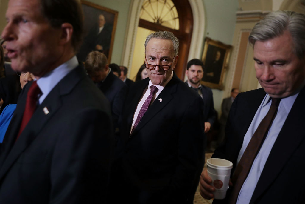 Senate Minority Leader Charles Schumer (D-NY) (C) holds a news conference with Sen. Richard Blumenthal (D-CT) (L) and Sen. Sheldon Whitehouse (D-RI) following the weekly Democratic policy luncheon at the U.S. Capitol in Washington on April 4, 2017. (Chip Somodevilla/Getty Images)