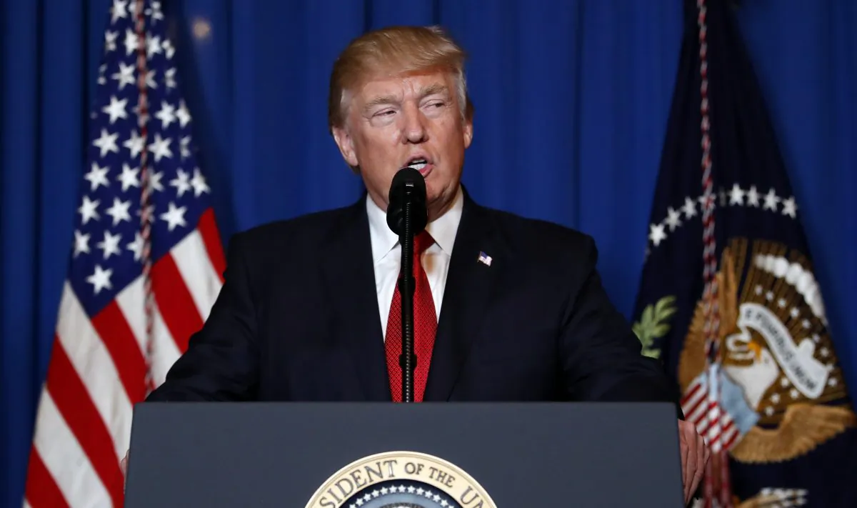 President Donald Trump speaks at Mar-a-Lago in Palm Beach, Fla., on April 6, 2017, after the U.S. fired a barrage of cruise missiles into Syria Thursday night in response to this week's gruesome chemical weapons attack against civilians. (AP Photo/Alex Brandon)