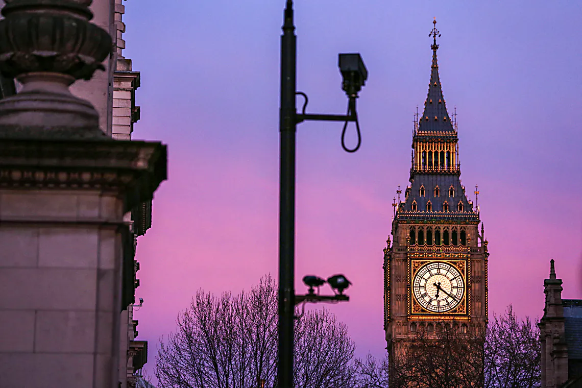 Surveillance cameras in front of the Elizabeth Tower near the Houses of Parliament in London on March 22, in the aftermath of a terror attack. (DANIEL LEAL-OLIVAS/AFP/Getty Images)