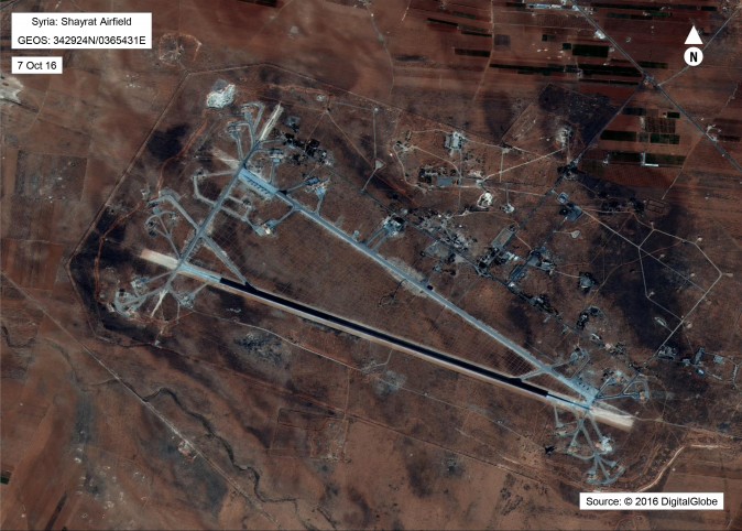 Shayrat Airfield in Homs, Syria in an image released by the Pentagon after announcing U.S. forces conducted a cruise missile strike against the Syrian Air Force airfield. (DigitalGlobe/Courtesy U.S. Department of Defense DigitalGlobe/Courtesy U.S. Department of Defense)
