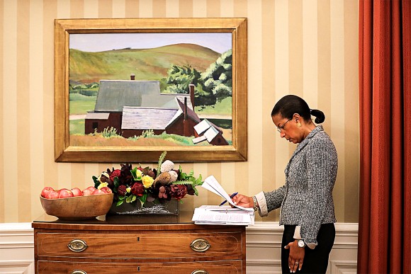 National security adviser Susan Rice looks over documents in the Oval Office of the White House on Oct. 7, 2016. (Chip Somodevilla/Getty Images)