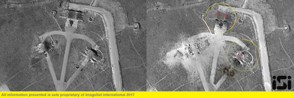 The Syrian Shayrat airfield base is pictured in undated before and after (taken April 7, 2017) satellite imagery, in Homs Syria. (ImageSat International N.V. © 2017/Handout via REUTERS)