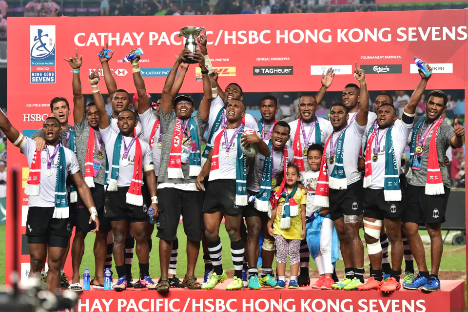 Fiji celebrate winning the 2017 Cathay Pacific/HSBC Sevens at the Hong Kong stadium, So Kon Po on Sunday April 9, 201. (Bill Cox/Epoch Times)