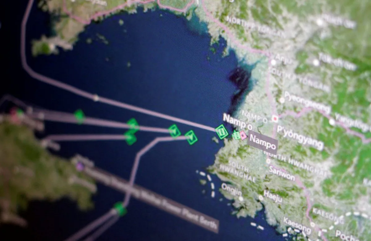 A Thomson Reuters Eikon ship-tracking screen shows cargo ships returning to Nampo port in North Korea on April 11, 2017. (REUTERS/Thomas White/Illustration)