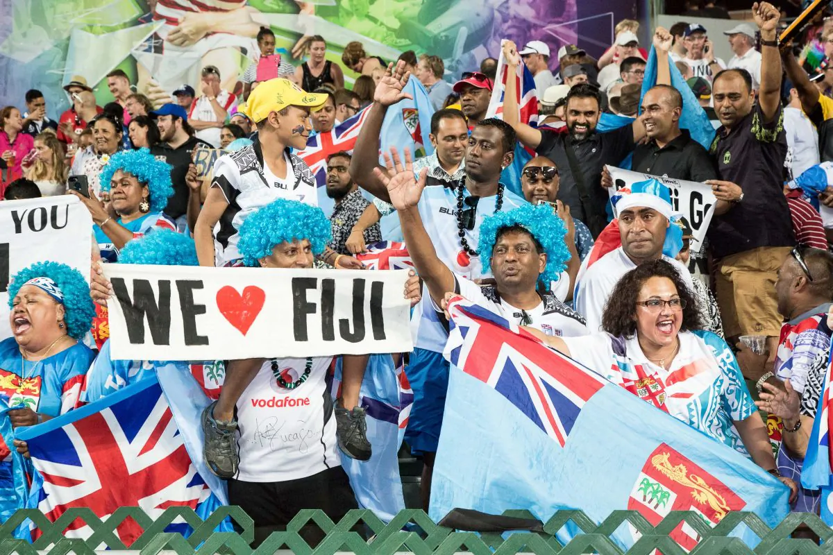 Fiji supporters enjoying the Cathay Pacific/HSBC Sevens, celebrate another famous Rugby Sevens victory in Hong Kong on Sunday April 9, 2017. (Dan Marchant)