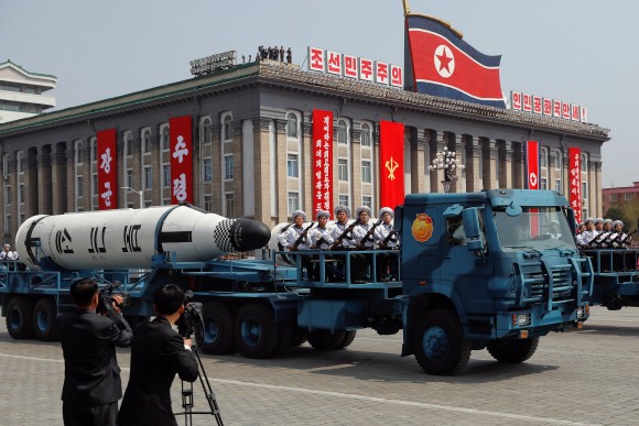 Military vehicles carry missiles with characters reading 'Pukkuksong' during a military parade marking the 105th birth anniversary of country's founding father, Kim Il Sung in Pyongyang, April 15, 2017. (REUTERS/Damir Sagolj)