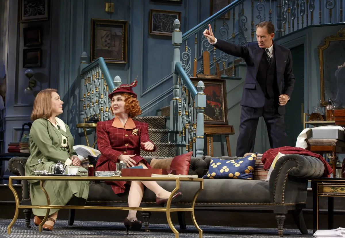 (L–R) Kristine Nielsen, Kate Burton, and Kevin Kline in a scene from Noël Coward’s “Present Laughter.” (Joan Marcus)