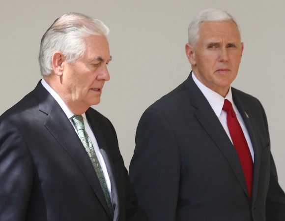Vice President Mike Pence (R) and Secretary of State Rex Tillerson walk away from a news conference with U.S. President Donald Trump and King Abdullah II of Jordan, in the Rose Garden at the White House in Washington on April 5, 2017. President Trump held talks on Middle East peace process and other bilateral issues with King Abdullah II. (Mark Wilson/Getty Images)