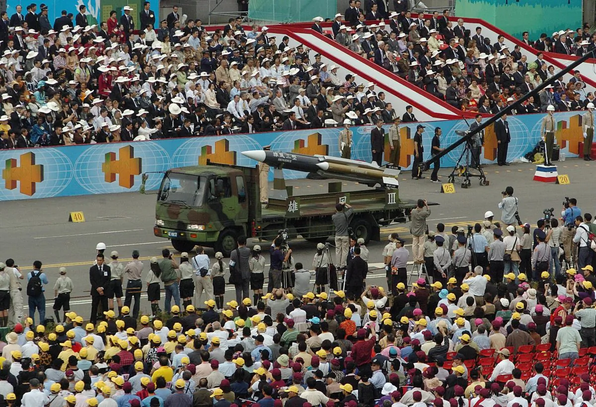 A home-grown supersonic Hsiung-feng 3 (Brave Wind) ship-to-ship missile is displayed during a military parade as part of National Day celebrations in Taipei, Taiwan, on Oct. 10, 2007. (TONY HUANG/AFP/Getty Images)