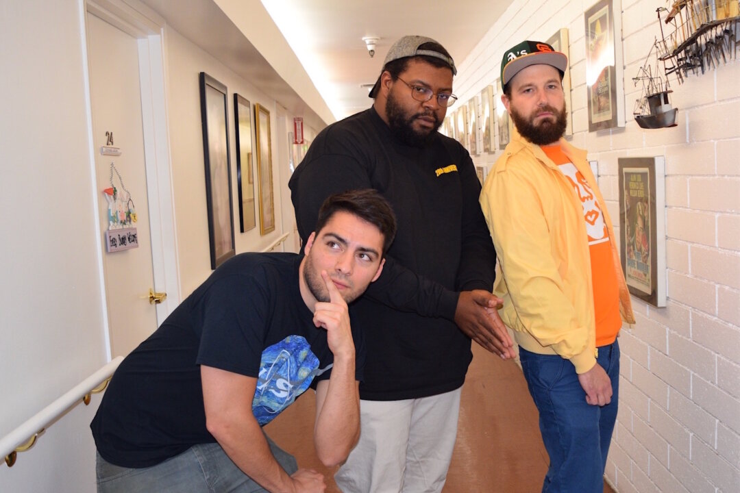 (L to R) Comedians Mark Hurtado, Jamel Johnson, and Joe Shelby pose for the camera at a Hilarity for Charity event at Glen Park Healthy Living in Glendale, Calif. on Apr. 12. (Sarah Le/Epoch Times)