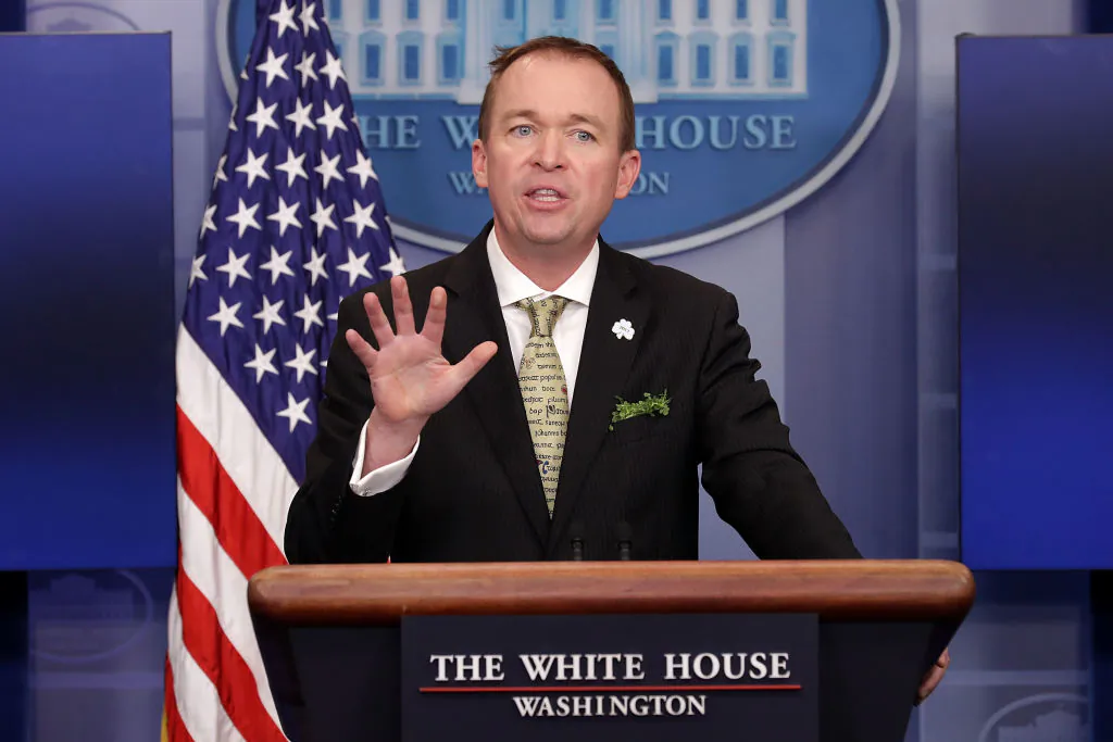 Office of Management and Budget Director Mick Mulvaney takes questions from reporters during a briefing at the White House March 16, 2017. (Chip Somodevilla/Getty Images)