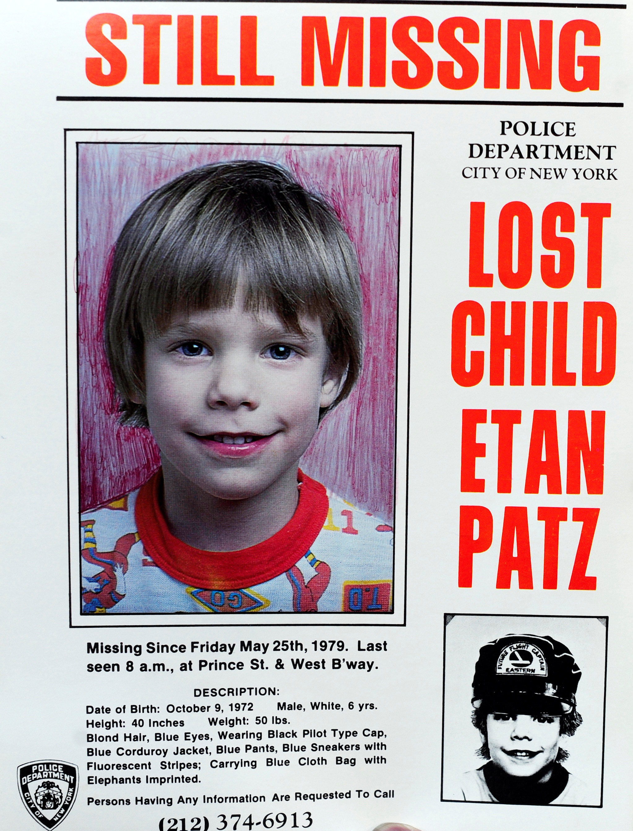 A copy photo of the original missing poster of Etan Patz is shown during a news conference near a New York City apartment building, where police and FBI agents were searching a basement for clues in the boy's 1979 disappearance in New York, on April 19, 2012. (REUTERS/Keith Bedford)
