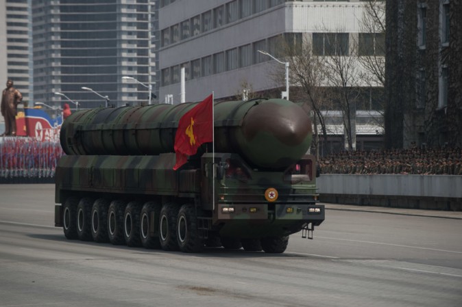 An unidentified Korean People's Army (KPA) rocket is displayed during a military parade marking the 105th anniversary of the birth of late North Korean leader Kim Il-Sung, in Pyongyang on April 15, 2017. (ED JONES/AFP/Getty Images)