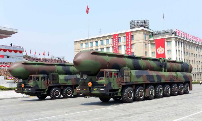 Ballistic missiles are displayed in a military parade in Pyongyang, North Korea on April 16.  (STR/AFP/Getty Images)