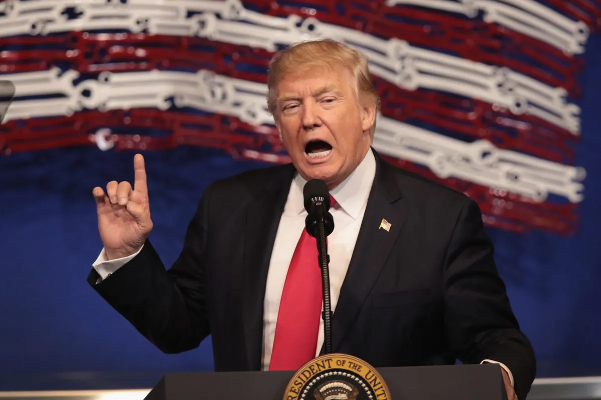 President Donald Trump speaks to workers at the headquarters of tools manufacturer Snap-On on April 18, 2017 in Kenosha, Wisconsin. Doubts continue to mount on the administration’s ability to fulfill the president’s ambitious agenda. (Scott Olson/Getty Images)