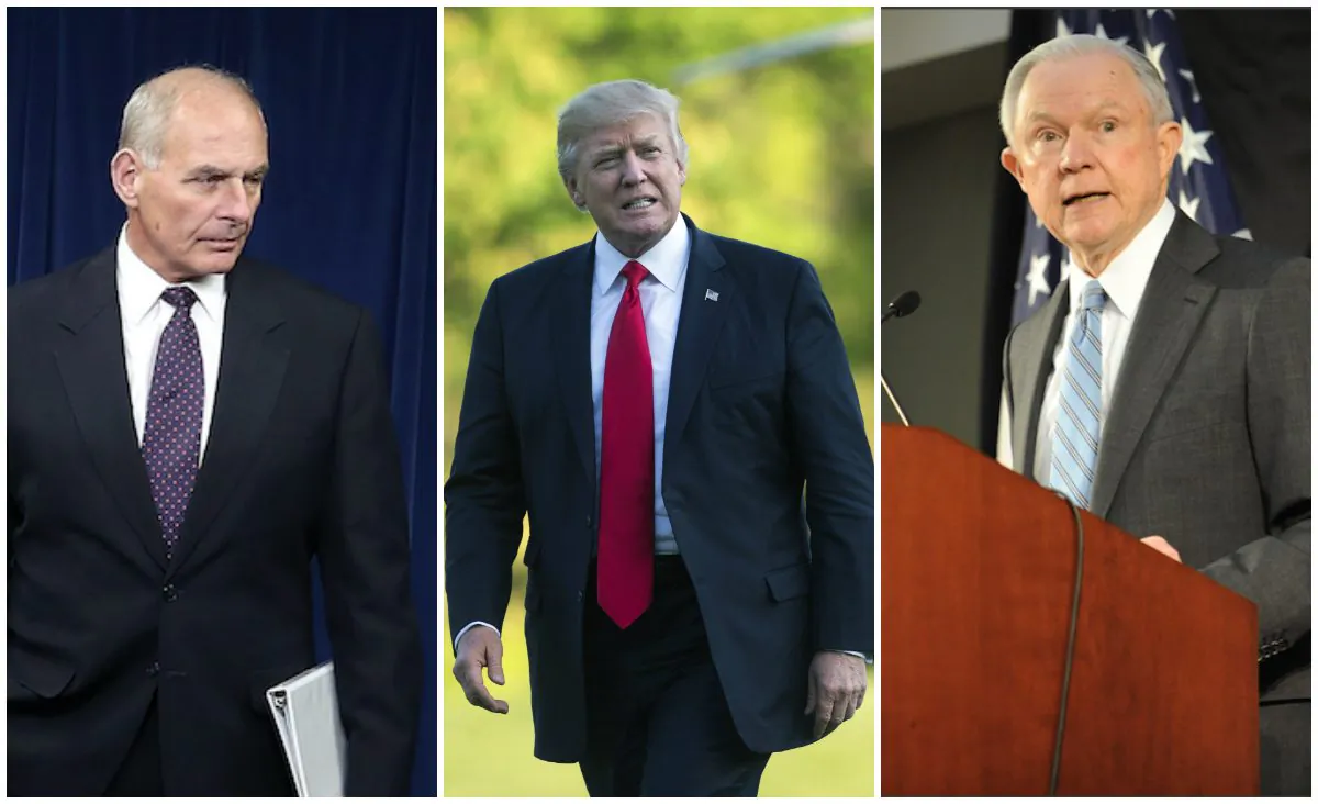 L–R: Homeland Security secretary John Kelly, President Donald Trump, ad Attorney General Jeff Sessions. (Mark Wilson, Kevin Dietsch-Pool, Michael B. Thomas/Getty Images)