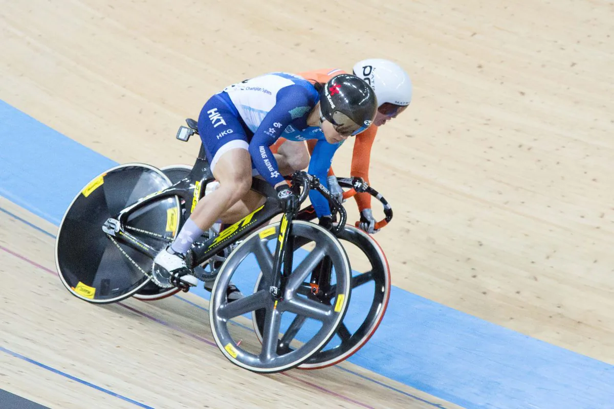 Hong Kong’s leading rider, Sarah Lee  Wai Sze competing in the women’s sprint, in the  World Indoor Cycling Champinships at the Hong Kong Velodrome  on  Thursday April 13. Dan Marchant)